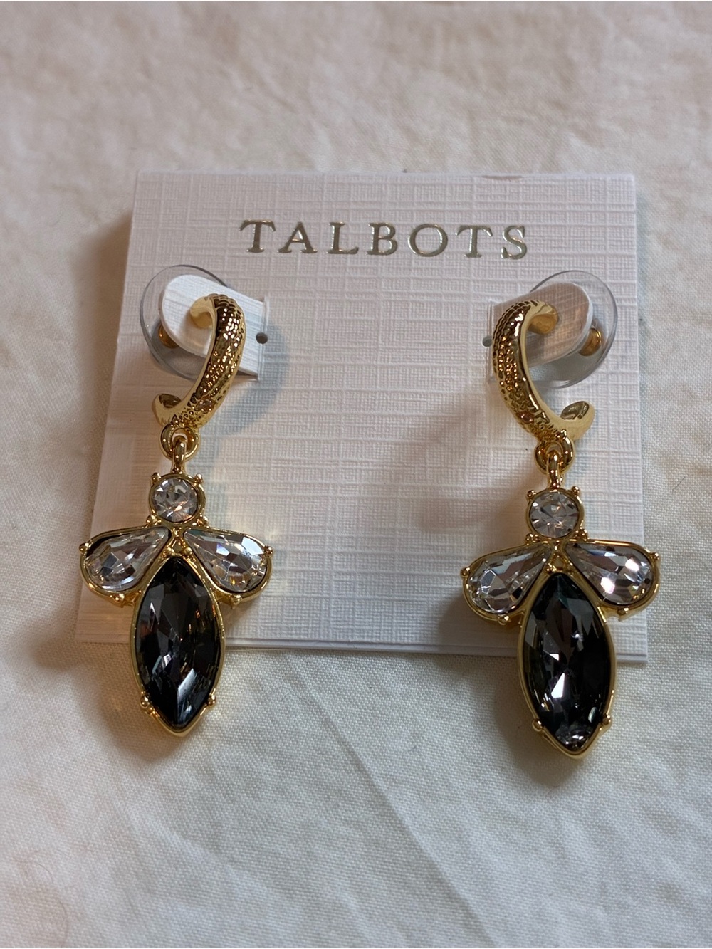Talbots NWT Black and Clear Crystal Earrings on Gold Hoop.